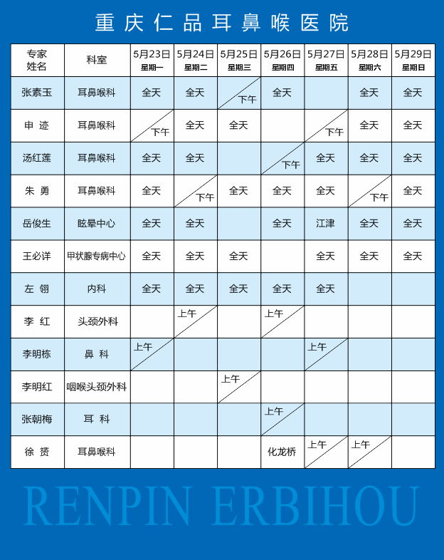 仁品耳鼻喉医院专家出诊表