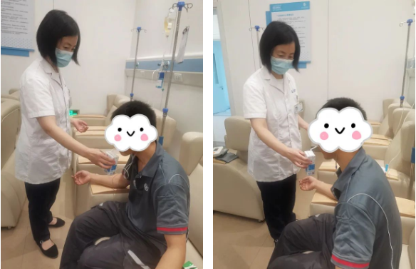 左主任把自己的牛奶温热之后喂给患者喝